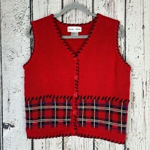 Baxter & Wells Vintage 1990s Red Plaid Sweater Vest Button Down‎ V-Neck SZ Small